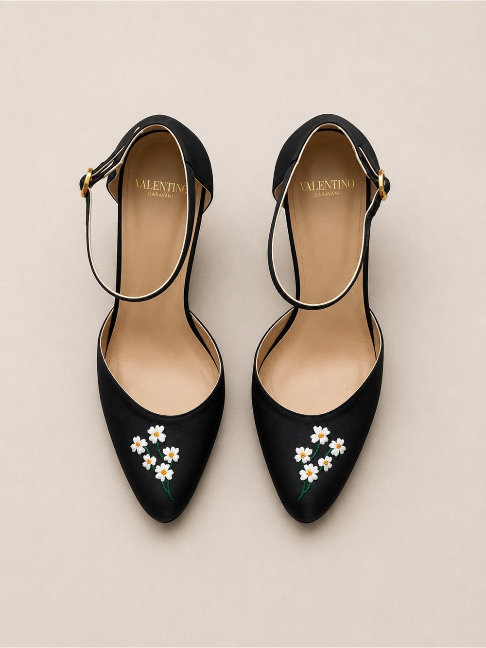 Valentino Black Floral Embroidered Pointed-Toe Ankle-Strap Heels